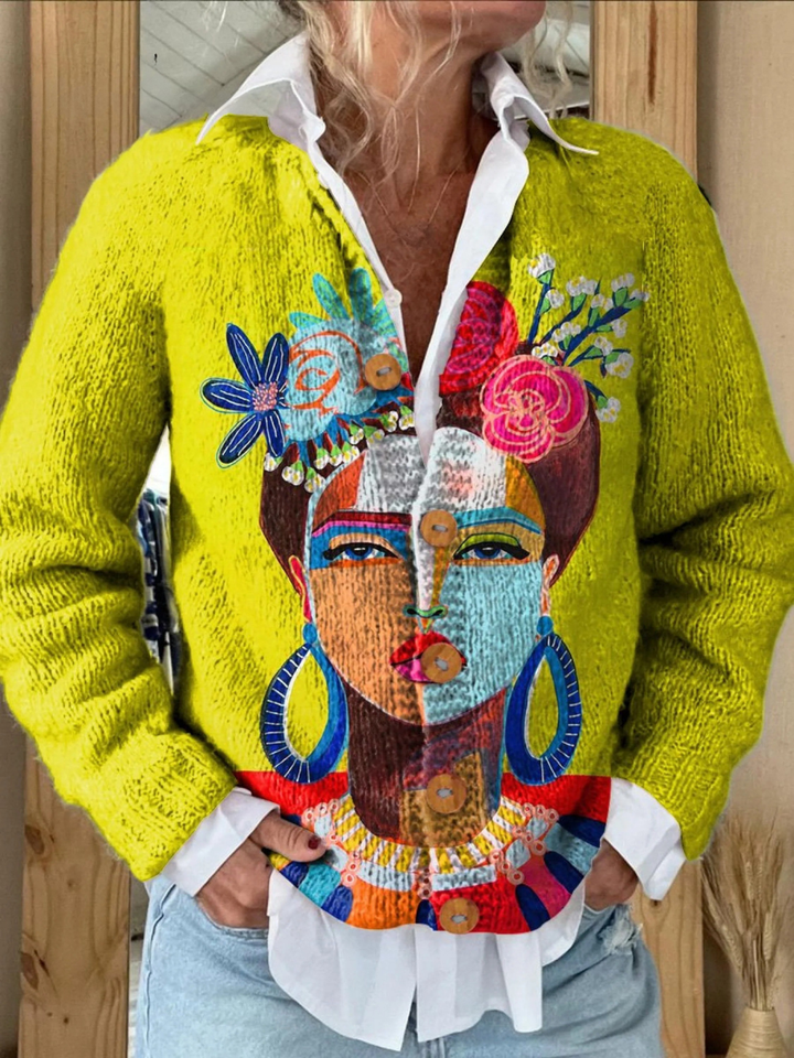Art de Portrait à l'Huile Freda Imprimé | Pull Cardigan à Boutons