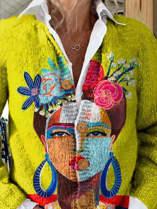Art de Portrait à l'Huile Freda Imprimé | Pull Cardigan à Boutons