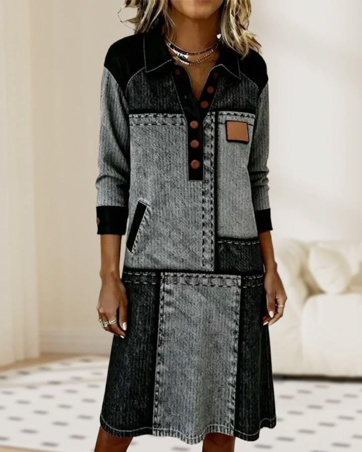 Robe Bouton Flip Col V Bloc de Couleurs Moderne