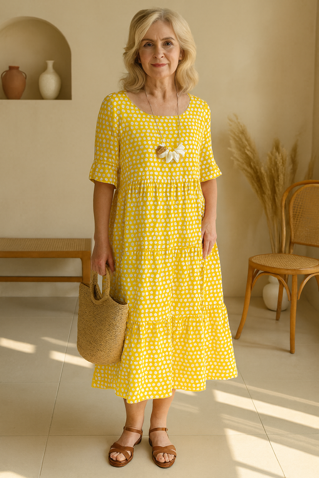 Iris | Robe Midi à Manches Courtes Sable