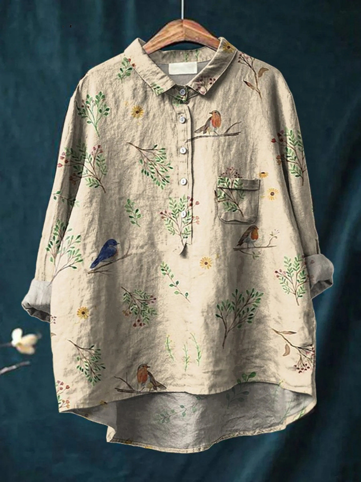 Lorelai | Chemise Casual Femme Imprimée Motif Branches et Oiseaux Rouges-gorges