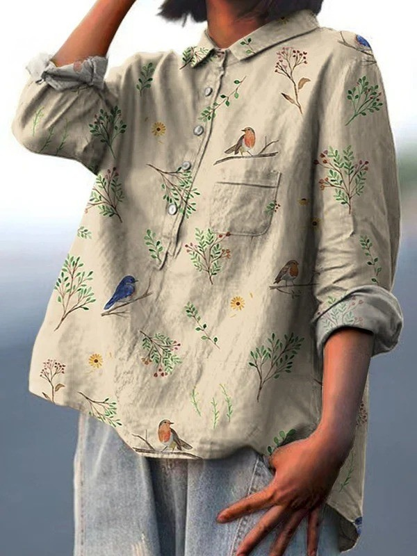 Lorelai | Chemise Casual Femme Imprimée Motif Branches et Oiseaux Rouges-gorges