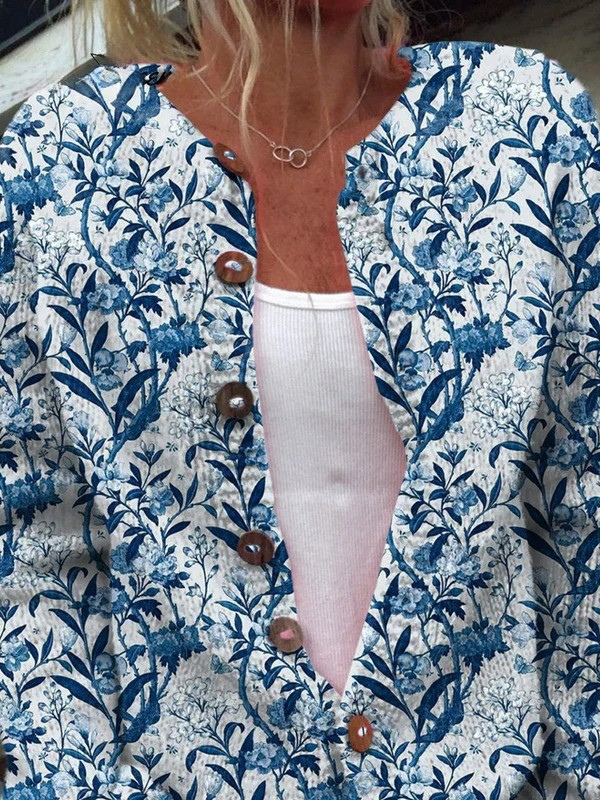 Cardigan Boutonné à Imprimé Floral Élégant Bleu et Blanc