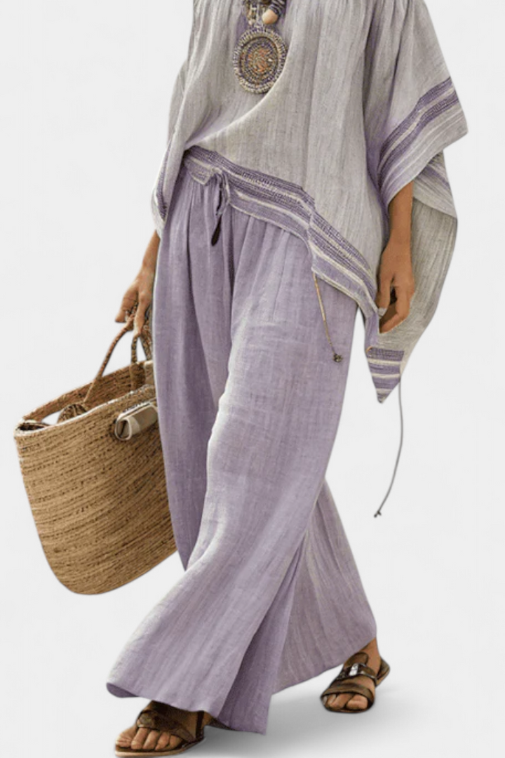 Zandrel | Haut élégant à épaules dénudées et pantalon large rayé