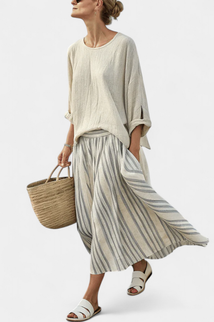Aurcyn | Blouse Loose Confortable & Jupe Midi Rayée