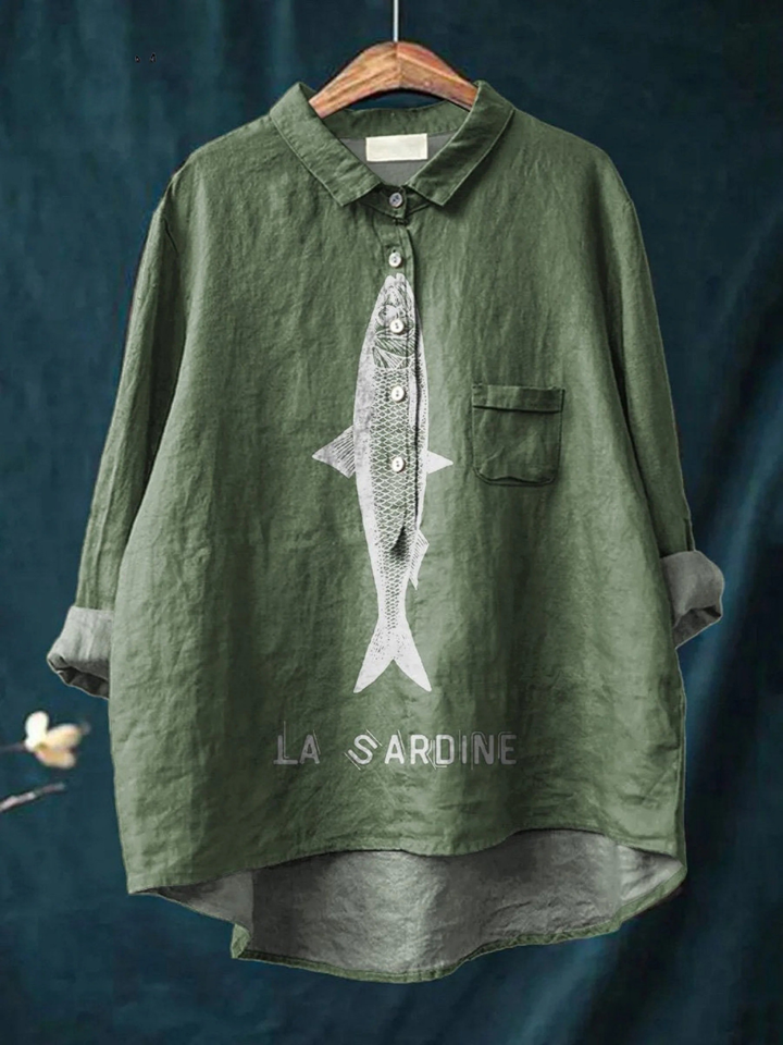 Faye | Chemise décontractée imprimée graphique de poisson sardine pour femmes