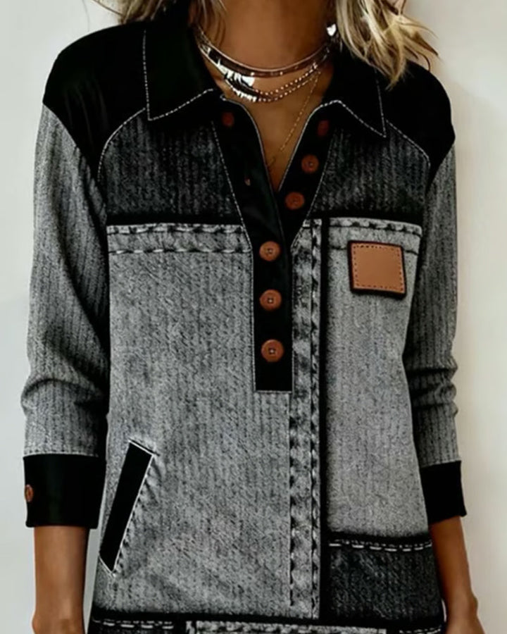 Robe Bouton Flip Col V Bloc de Couleurs Moderne