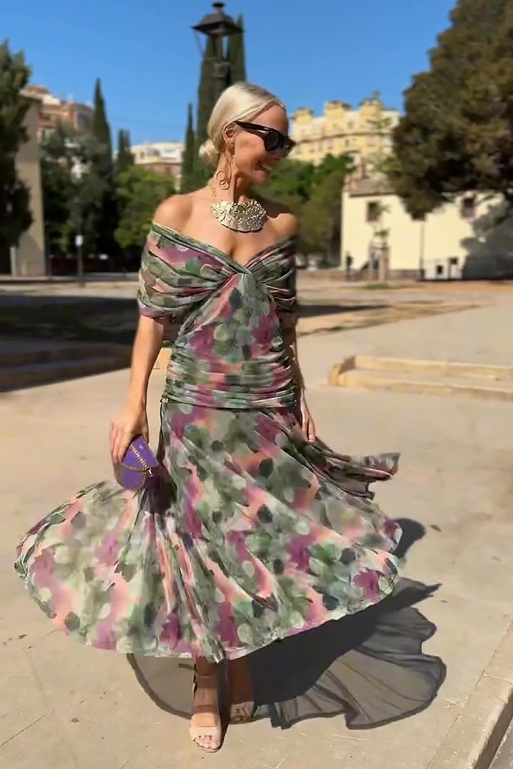 Robe Maxi de Fête Élégante à Imprimé Floral Peint en V