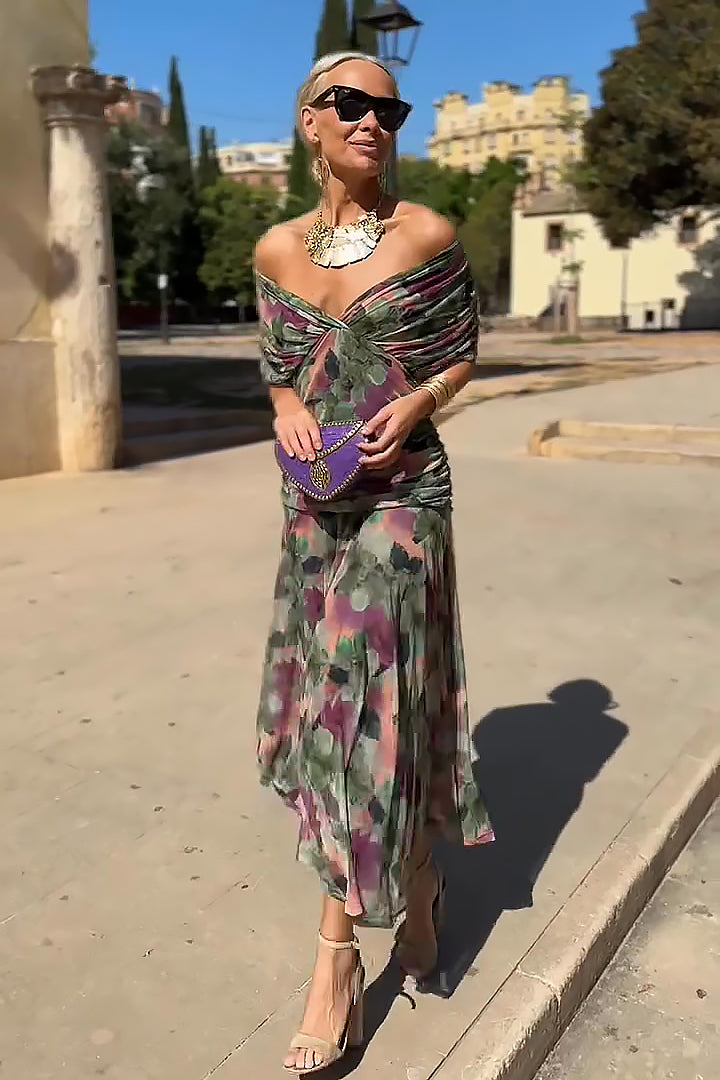 Robe Maxi de Fête Élégante à Imprimé Floral Peint en V