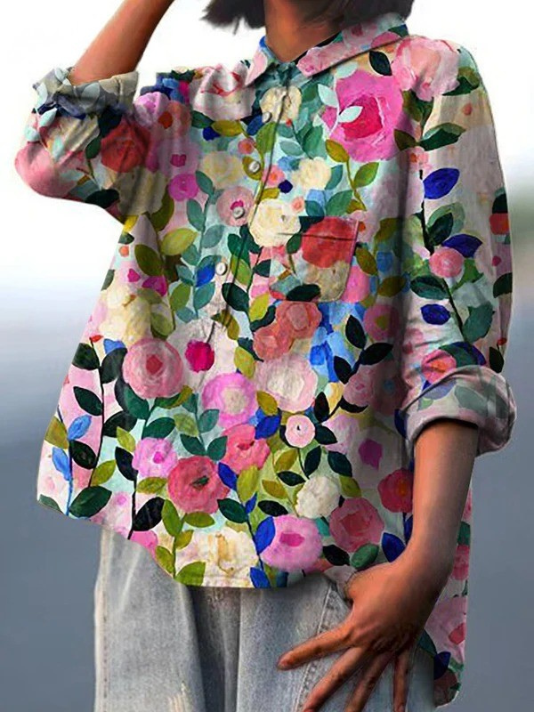 Delia | Chemise décontractée pour femmes imprimée de fleurs colorées du printemps