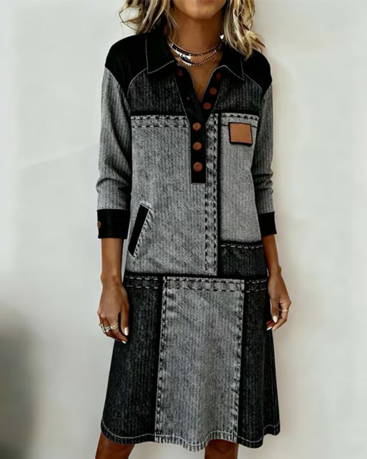 Robe Bouton Flip Col V Bloc de Couleurs Moderne
