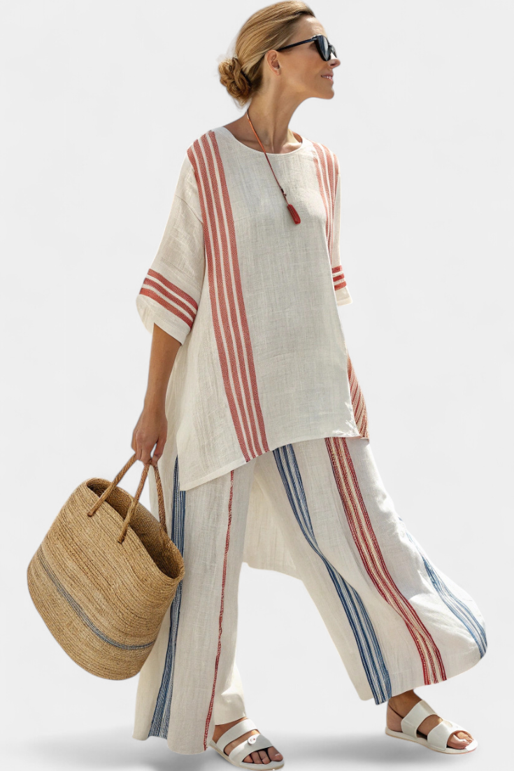 Solvane | Haut à Rayures Multicolores Sophistiqué & Pantalons Méditerranéens