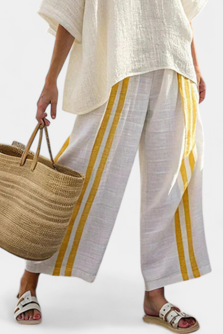 Anselor | Haut en Lin Jaune Rayé Élégant & Pantalons à Jambes Larges
