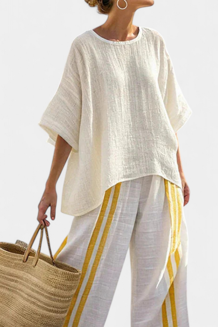 Anselor | Haut en Lin Jaune Rayé Élégant & Pantalons à Jambes Larges