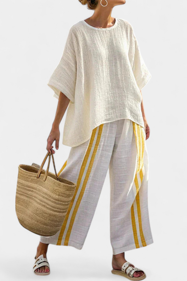 Anselor | Haut en Lin Jaune Rayé Élégant & Pantalons à Jambes Larges