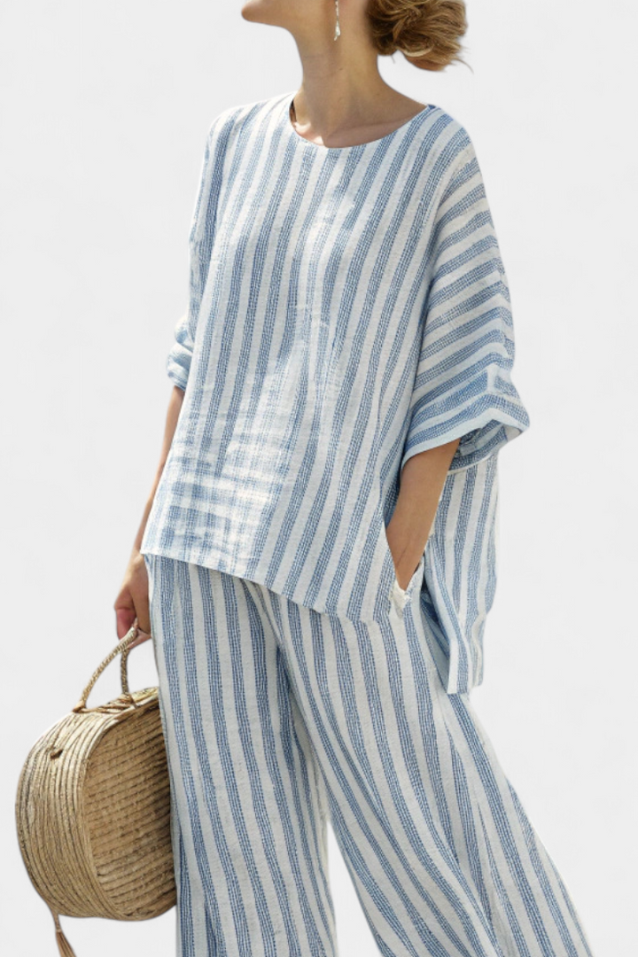 Rensleigh | Haut en lin rayé bleu sophistiqué & Pantalons décontractés