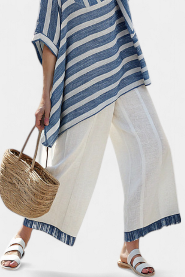 Corvielle | Haut à Rayures Bleues Sophistiqué & Pantalon avec Détails en Ourlet