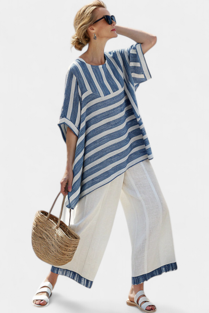 Corvielle | Haut à Rayures Bleues Sophistiqué & Pantalon avec Détails en Ourlet