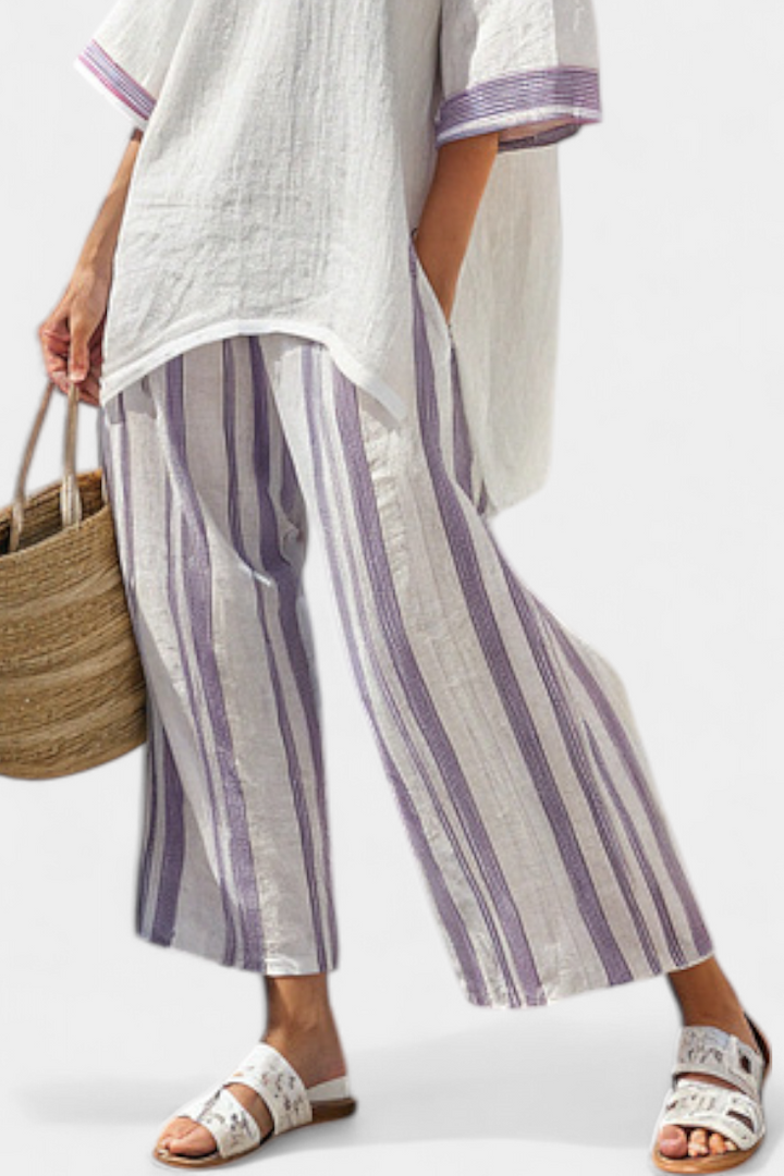 Luxmere | Blouse Décontractée Confortable & Pantalons en Bambou Rayés