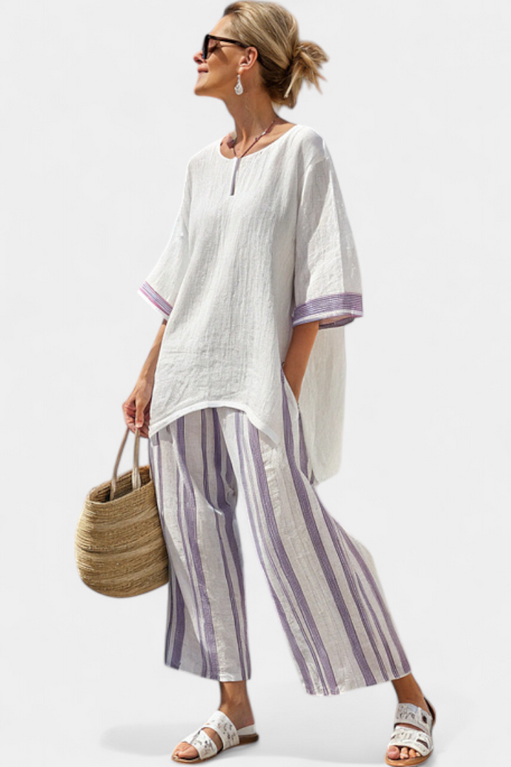 Luxmere | Blouse Décontractée Confortable & Pantalons en Bambou Rayés