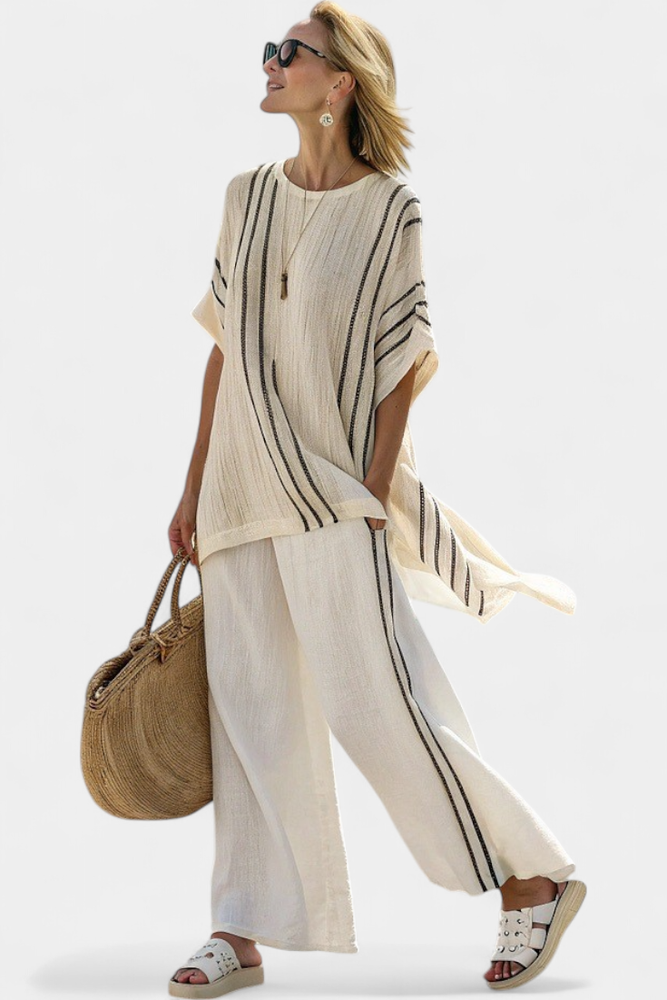 Greysen | Blouse en lin ivoire élégante et pantalon à rayures noires