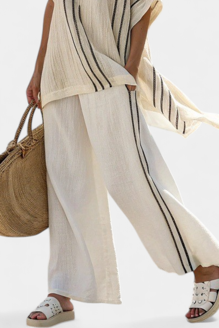 Greysen | Blouse en lin ivoire élégante et pantalon à rayures noires