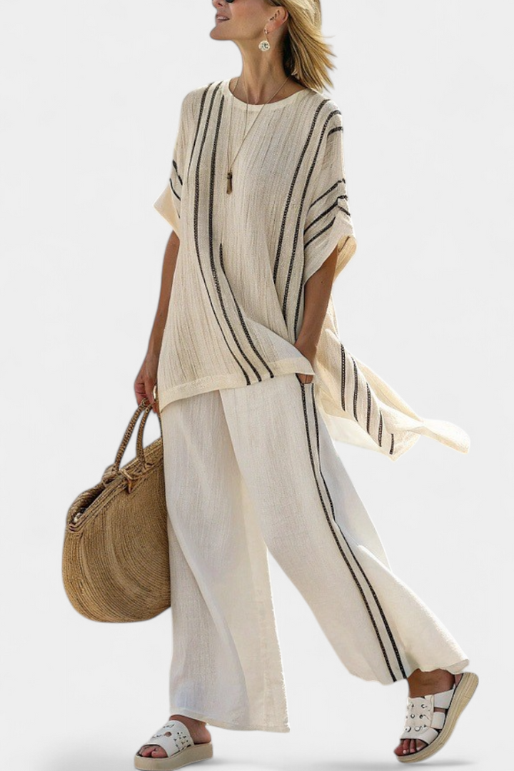 Greysen | Blouse en lin ivoire élégante et pantalon à rayures noires