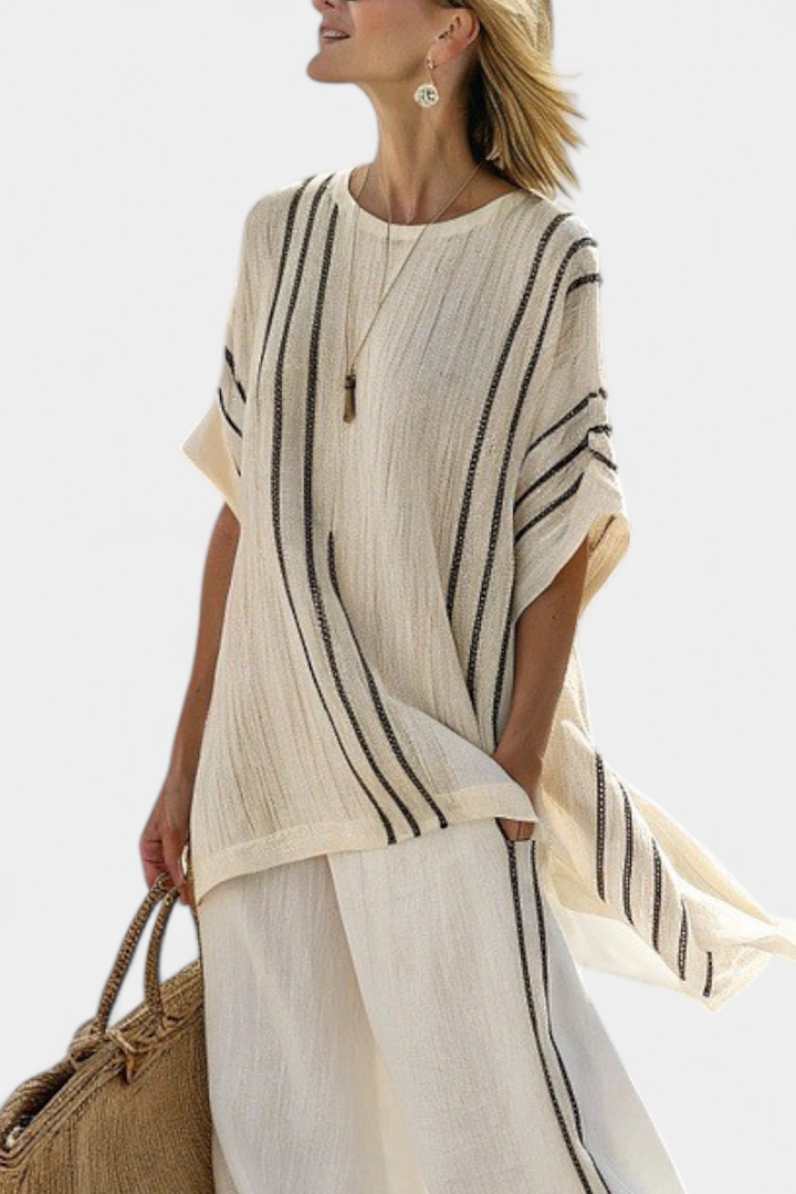 Greysen | Blouse en lin ivoire élégante et pantalon à rayures noires