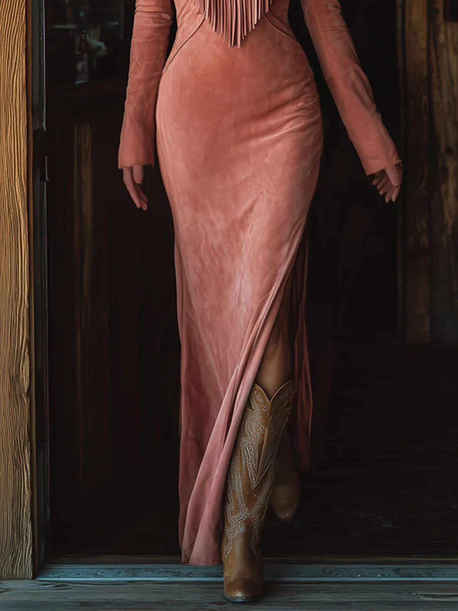 Robe Vintage Western en Suédine Rose avec Franges Brodées