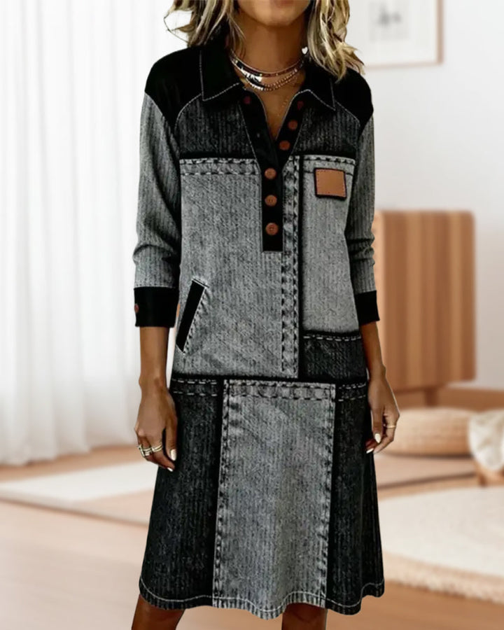 Robe Bouton Flip Col V Bloc de Couleurs Moderne