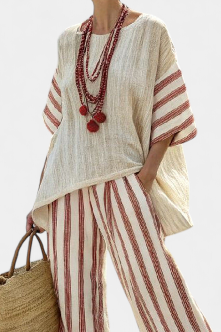 Braelith | Haut Rayé Élégant Rustique & Pantalons en Lin Crème