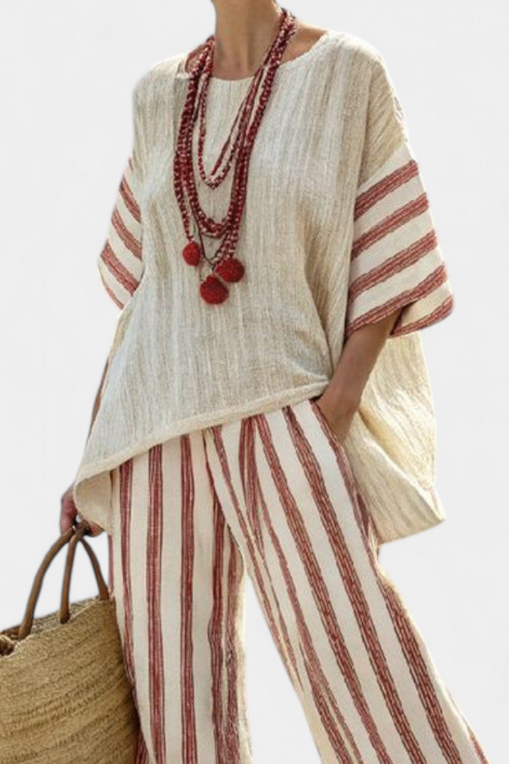 Braelith | Haut Rayé Élégant Rustique & Pantalons en Lin Crème
