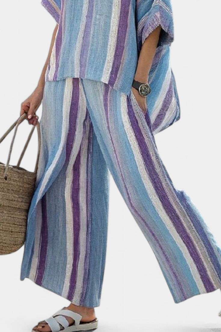Faelith | Haut élégant mauve pastel & Pantalons en lin rayés