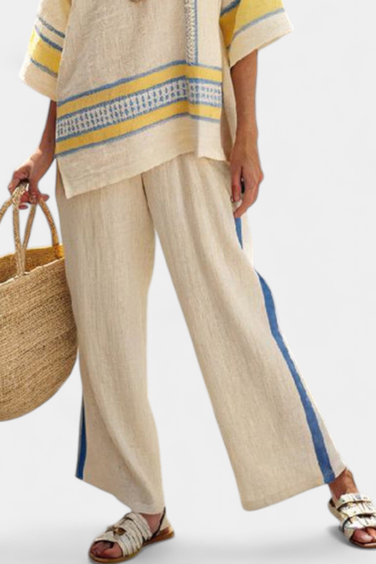 Jaxmere | Haut Méditerranéen Bleu-Jaune Confortable & Pantalons en Lin