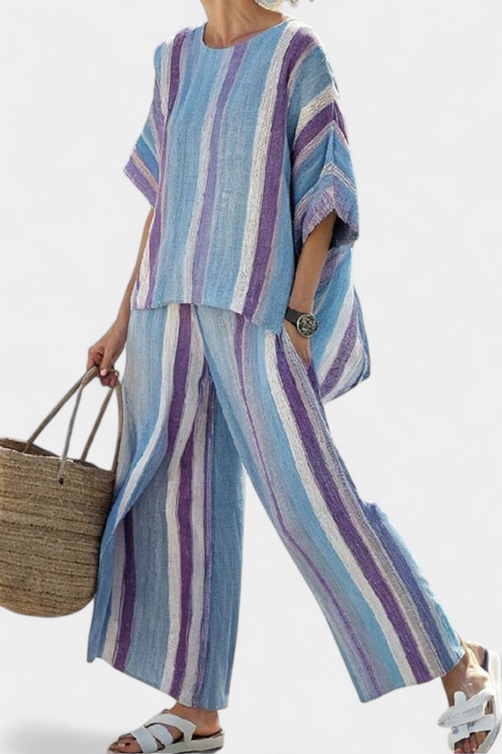Faelith | Haut élégant mauve pastel & Pantalons en lin rayés