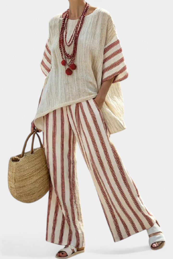 Braelith | Haut Rayé Élégant Rustique & Pantalons en Lin Crème