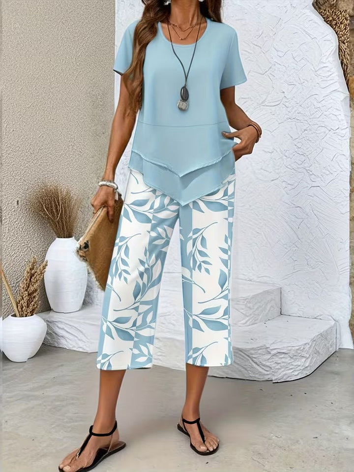 Vesra | Ensemble Décontracté à Imprimé Feuilles en Deux Pièces